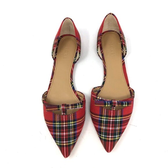 J Crew Shoes Womens 7.5 Red Tartan Dorsay Flats Mini Bow Slip Ons Pointed Toe - Picture 3 of 10